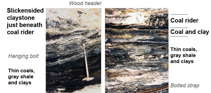 Large falls beneath coal riders and shales with abundant coal stringers generally require supplemental support. These examples are from a Hazard No. 8 coal mine in eastern Kentucky.